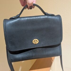 Coach Dark Leather Satchel with Gold Clasp